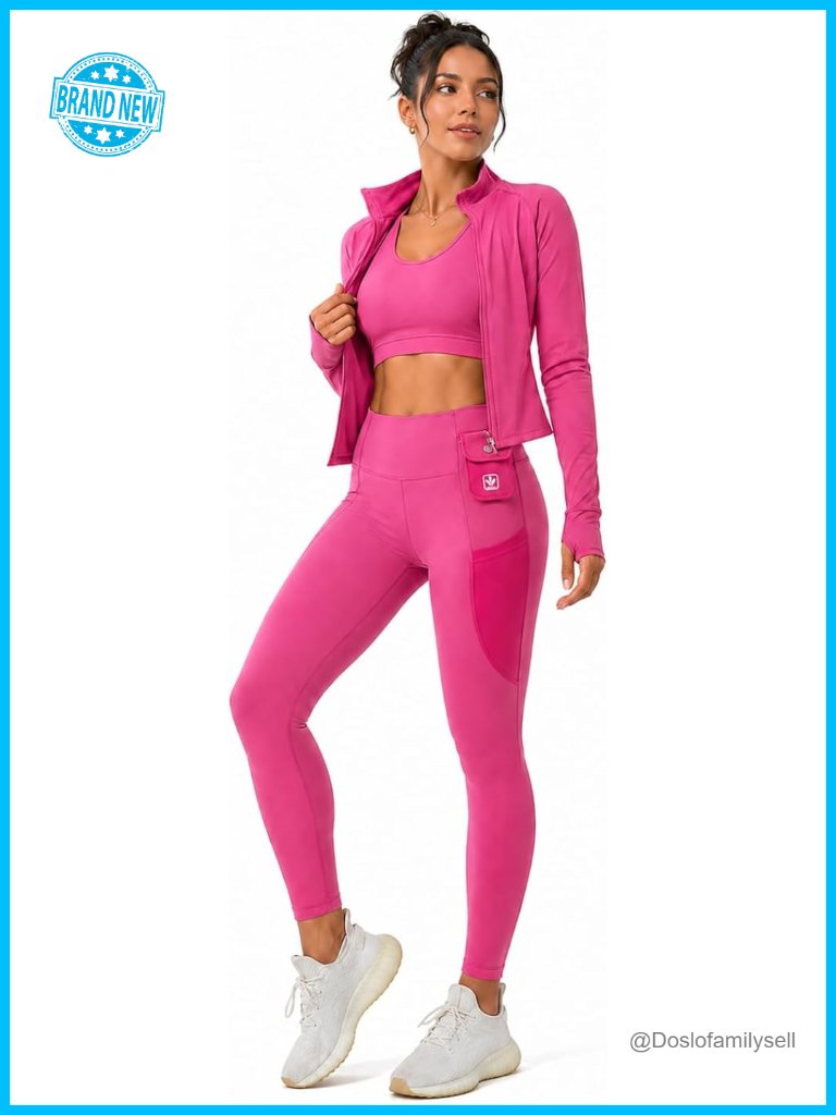 3 Piece Workout Set With Jacket, Seamless Leggings & Sports Bra